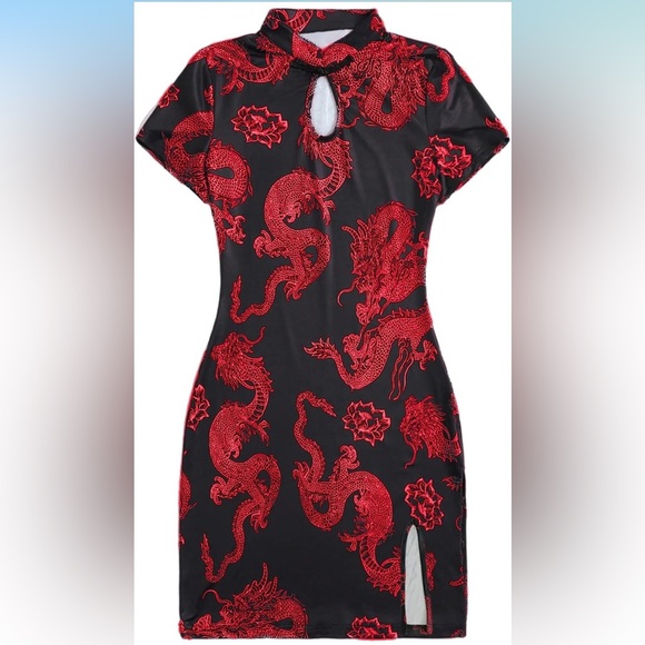 Women's Plus Size Chinese Dragon Print Bodycon Cheongsam Split Mini Dress - Picture 3 of 10